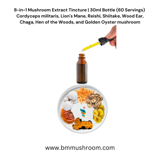 8-in-1 Mushroom Extract Tincture | 30ml Bottle (60 Servings) Cordyceps militaris, Lion's Mane, Reishi, Shiitake, Wood Ear, Chaga, Hen of the Woods, and Golden Oyster mushroom