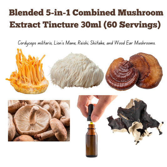 Mushroom Extract Tincture | Multi-Mushroom Blend | 30ml Bottle (60 Servings) (Five in One) Cordyceps militaris, Lion's Mane, Reishi, Shiitake, and Wood Ear Mushrooms